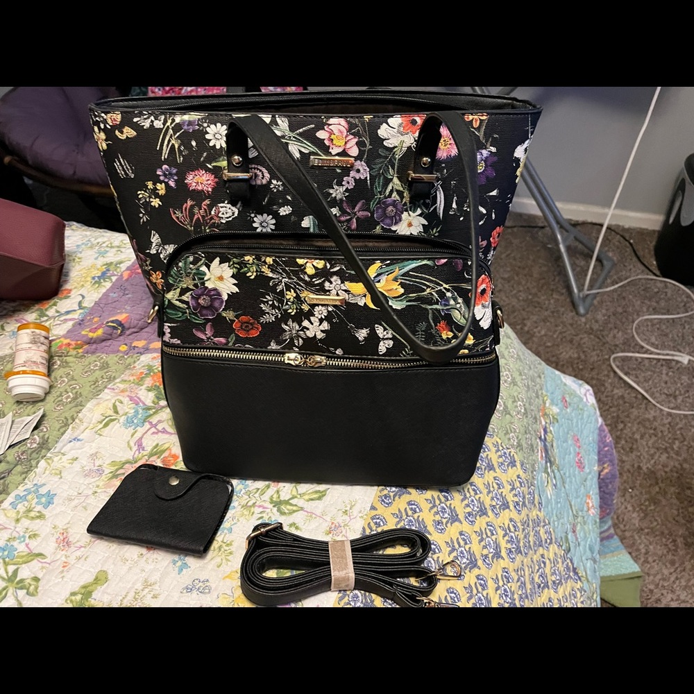 Floral black Emil & Paul handbag and matching cosmetic bag
